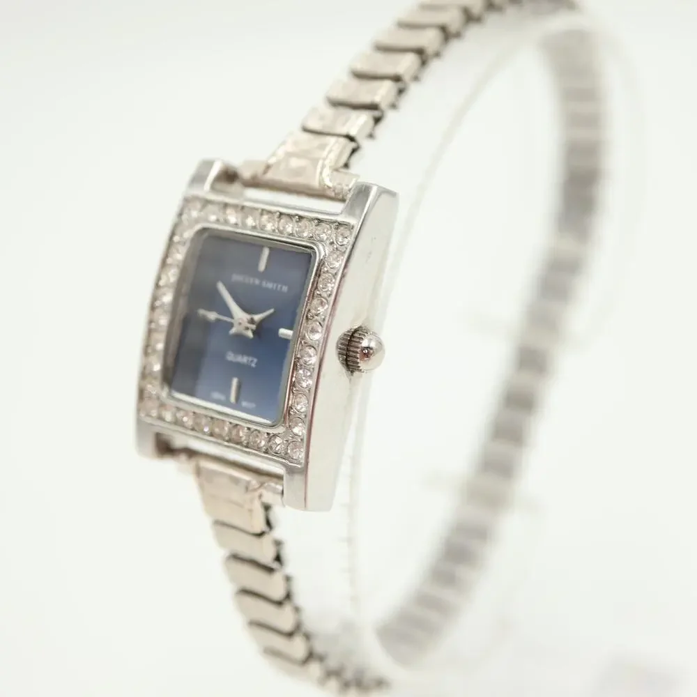 Jaclyn Smith Silver Tone Blue 20mm Tank Womens Watch Stretch Band w New Battery